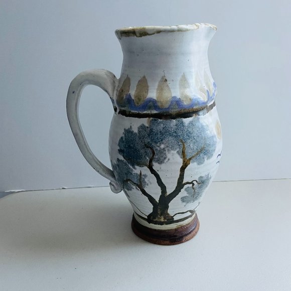 Vintage Studio Art Pottery Hand Painted Pitcher Vase 9 3/8” Signed